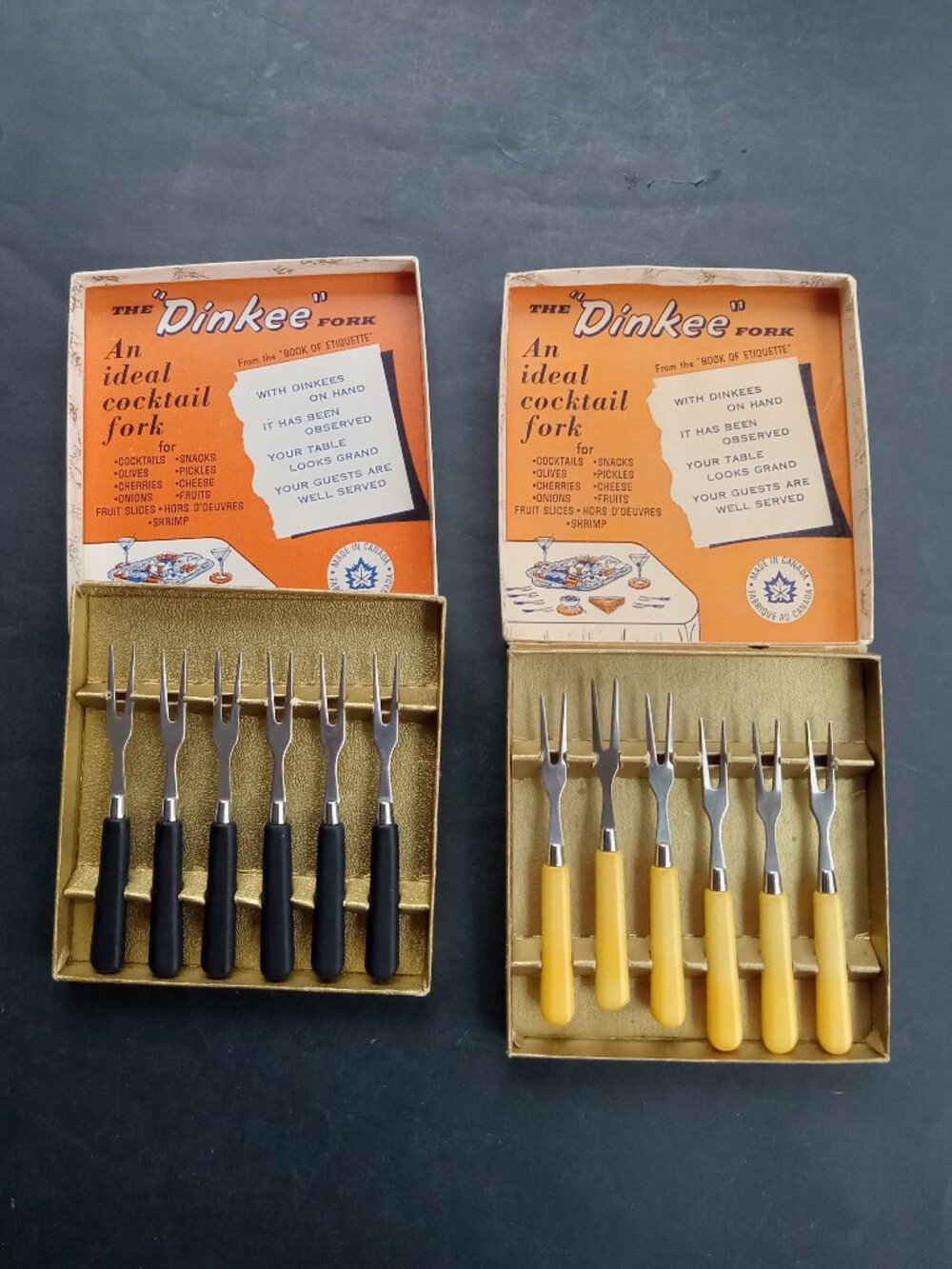 VTG Dinkee Cocktail 12 Forks 2 Sets Made in Canada MCM Barware Bakelite Handles